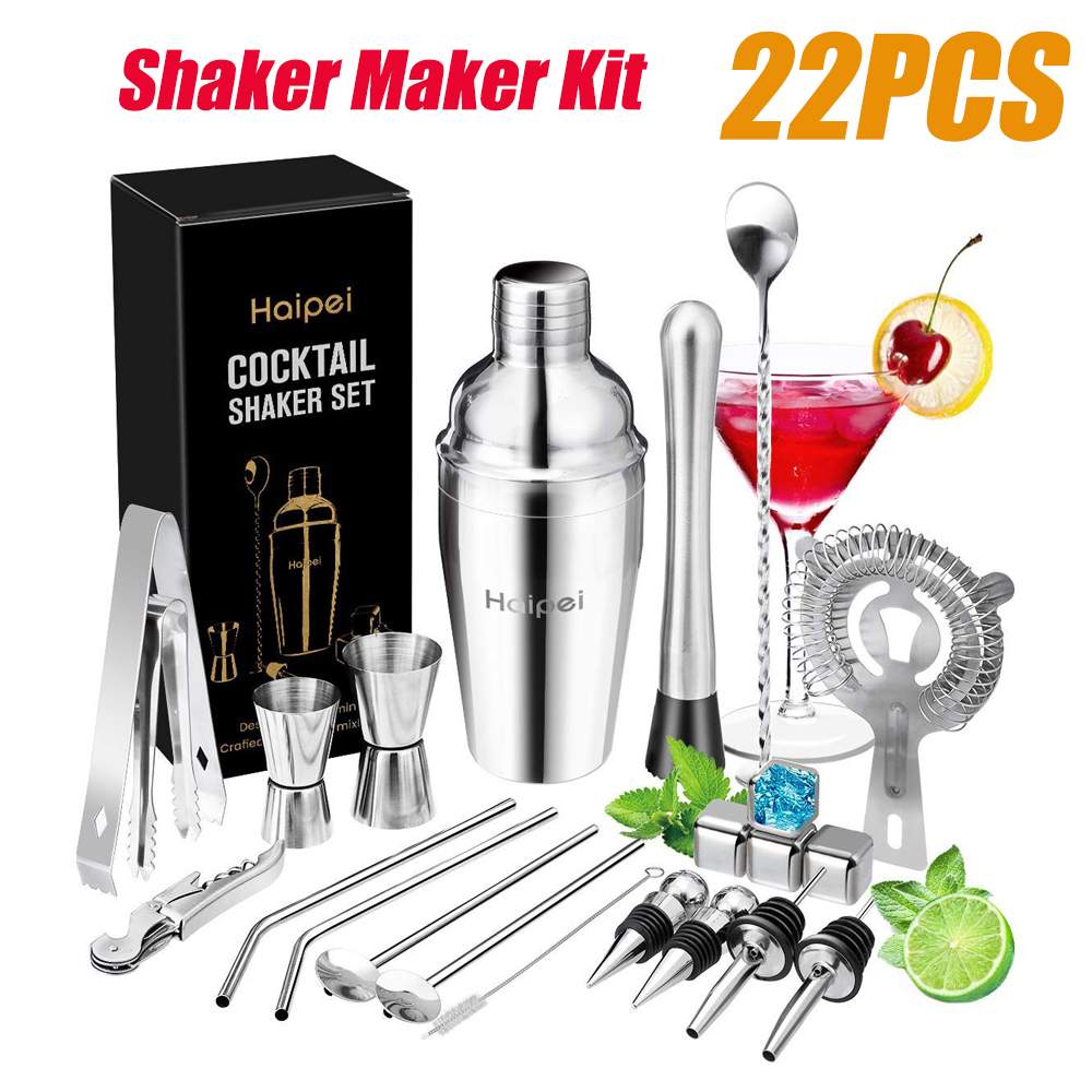 HAIPEI 22pcs Mojito Cocktail Bar Shaker Mixer Maker Muddler Barware Stainless Steel Bar Sets Bartender Tools With Whiskey Stones